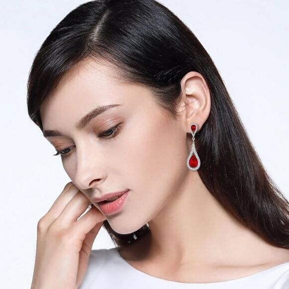 Silver with Ruby Red and White Diamond Austrian Crystal Dual Teardrop Earrings - Picture 3 of 4